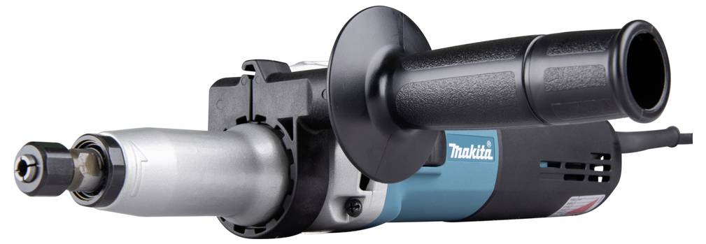 A close-up of an electric angle grinder with a black handle and blue casing, used for cutting and grinding materials.