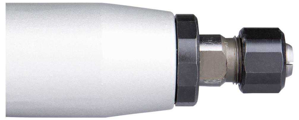 Close-up of a mechanical component featuring a cylindrical metal rod with a hexagonal nut and fitting attached to one end.