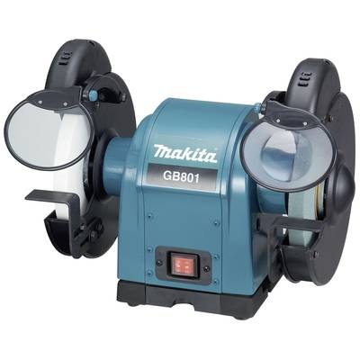 'Makita GB801' bench grinder with two grinding wheels and safety guards, suitable for sharpening and grinding tools.