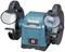 'Makita GB801' bench grinder with two grinding wheels and safety guards, suitable for sharpening and grinding tools.