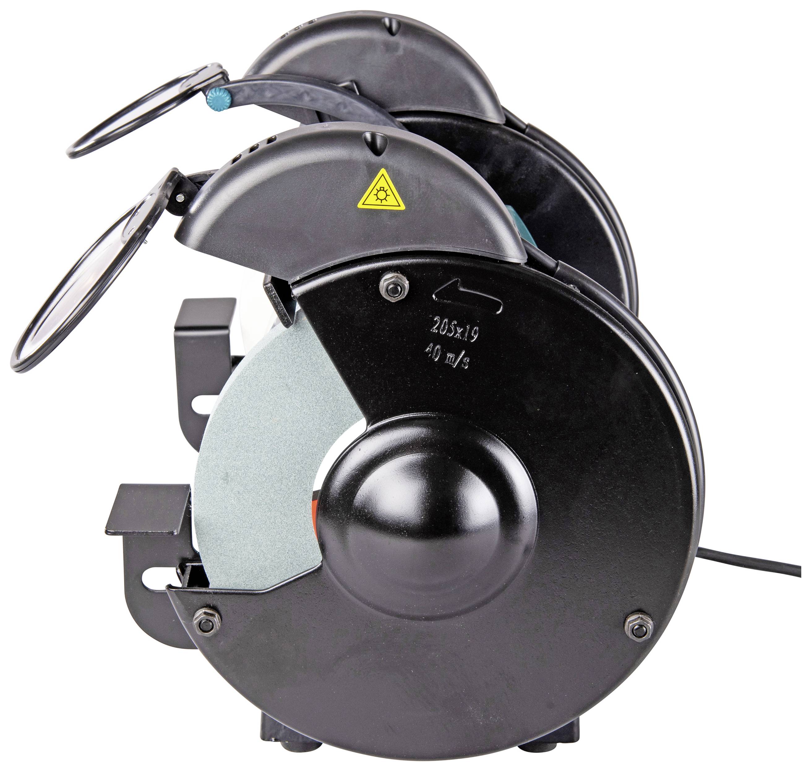 Two black grinding machines side by side, with grey grinding wheels and protective covers. Suitable for workshop use.