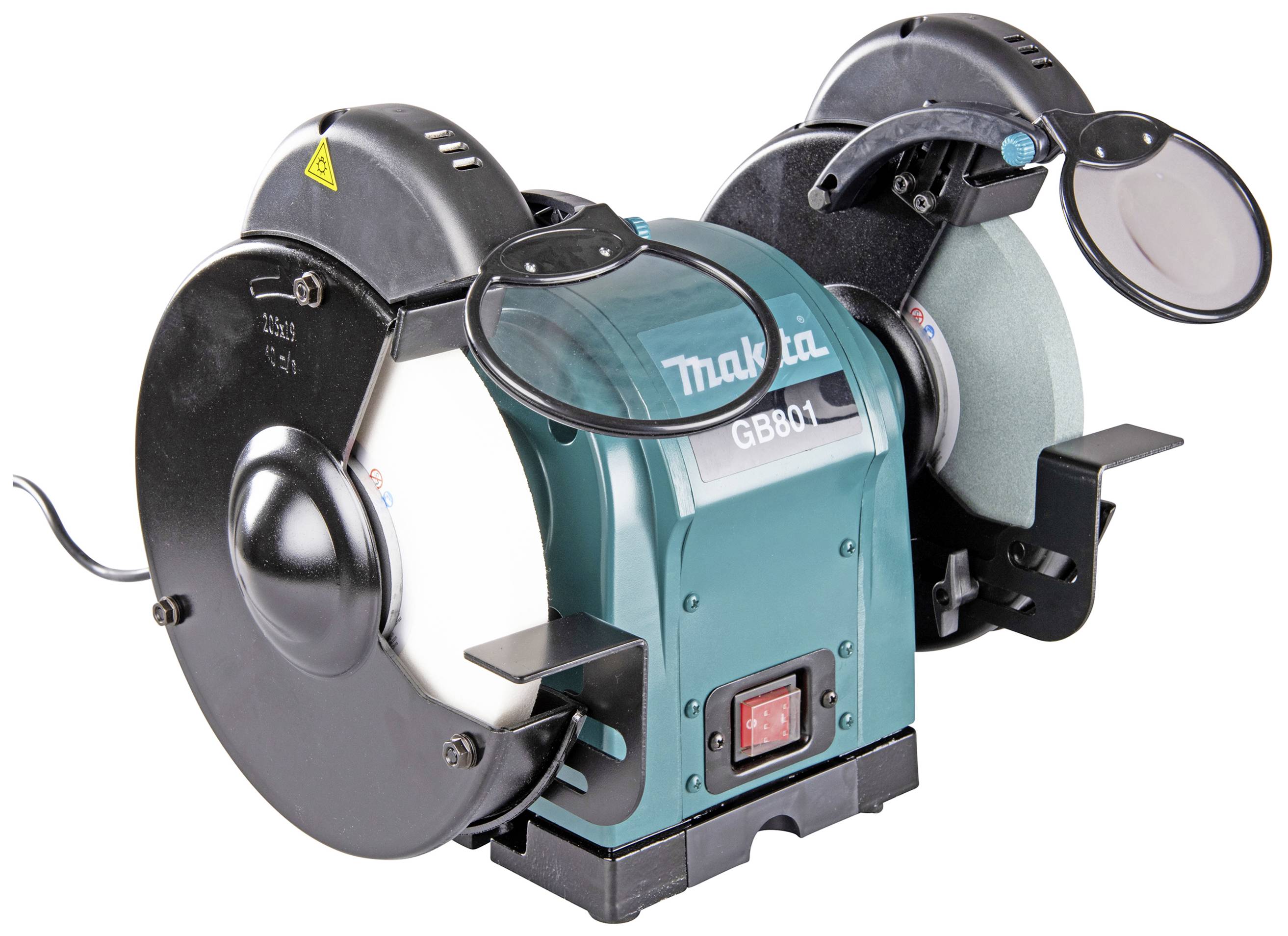 Makita Double-Grinding Machine, Model GB801, with two grinding wheels, suitable for various grinding tasks in workshops.