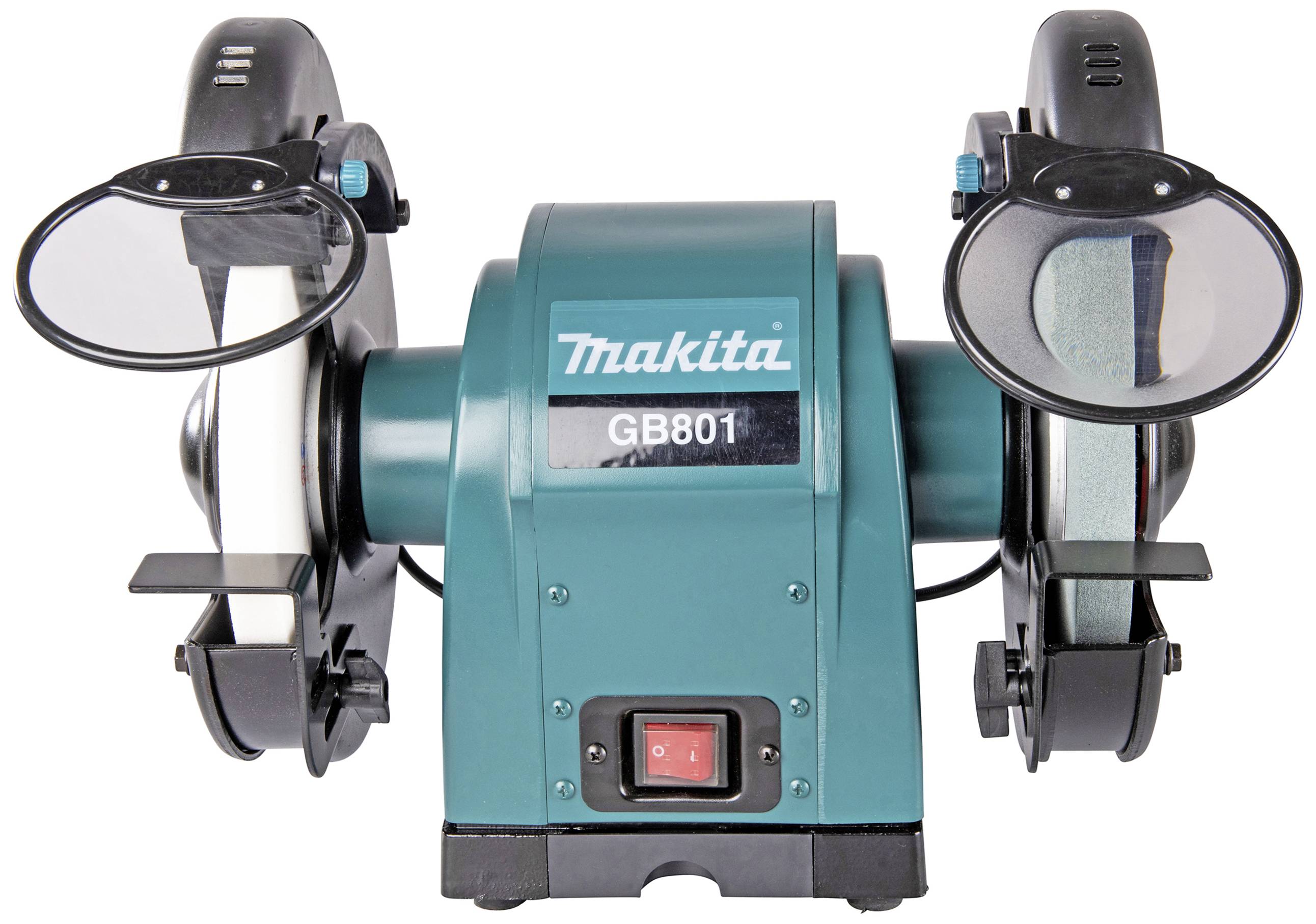 A green Makita double grinder, model GB801, with two grinding discs and lenses for precise material processing.