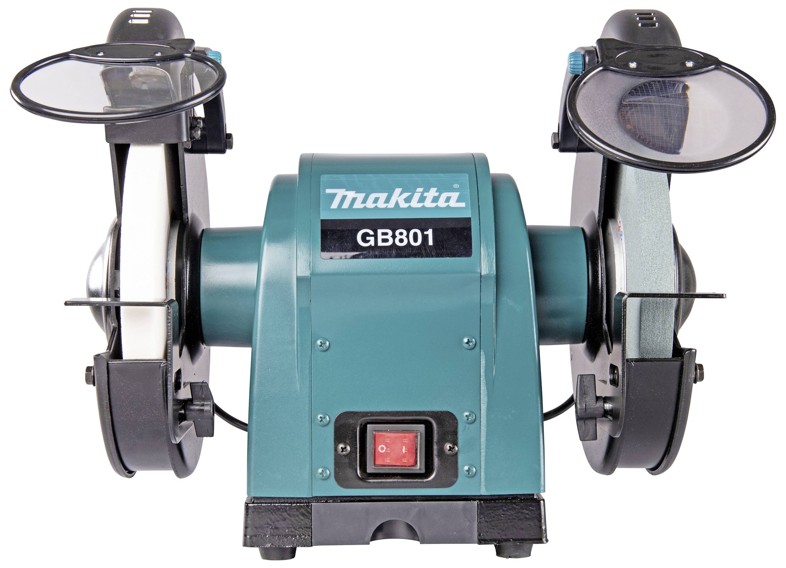 Turquoise grinding machine with two grinding discs, 'Makita GB801' brand, viewed from the front.