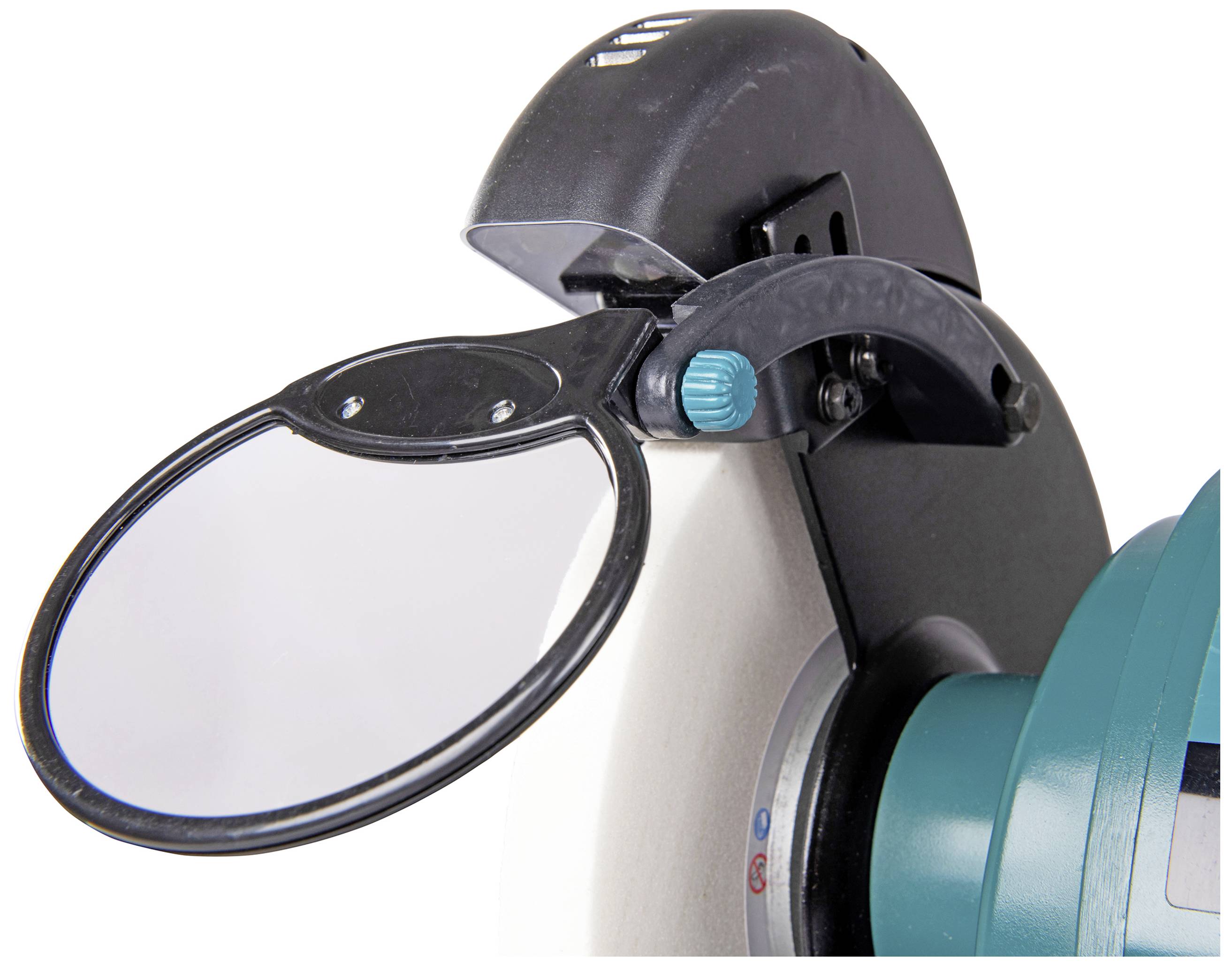 The protective shield of a grinding machine shows a transparent plastic cover with an adjustment screw, mounted above the grinding wheel.