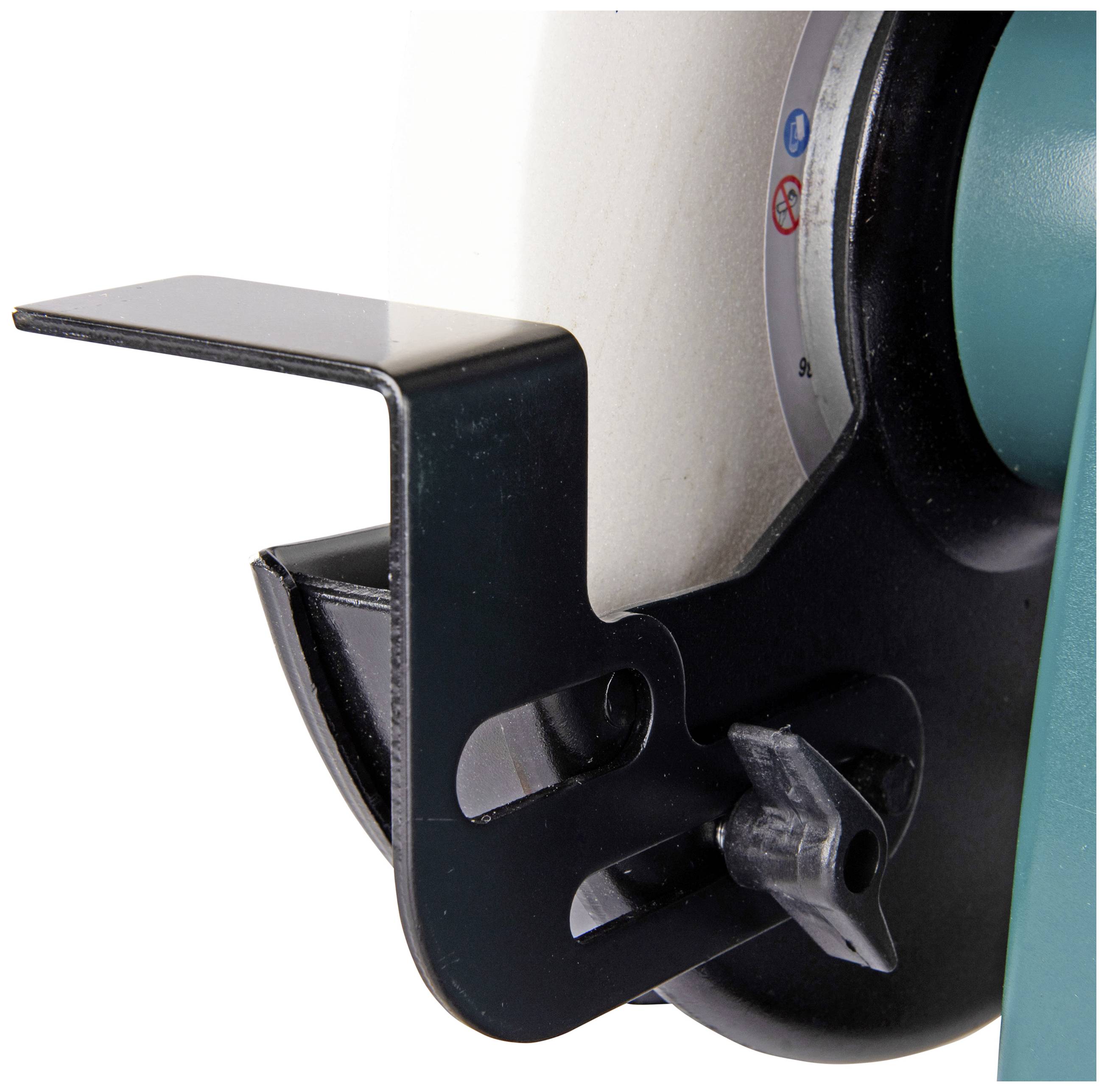 Close-up of a grinding machine with protective cover. A grinding wheel is visible. The machine has a green and black colour combination.