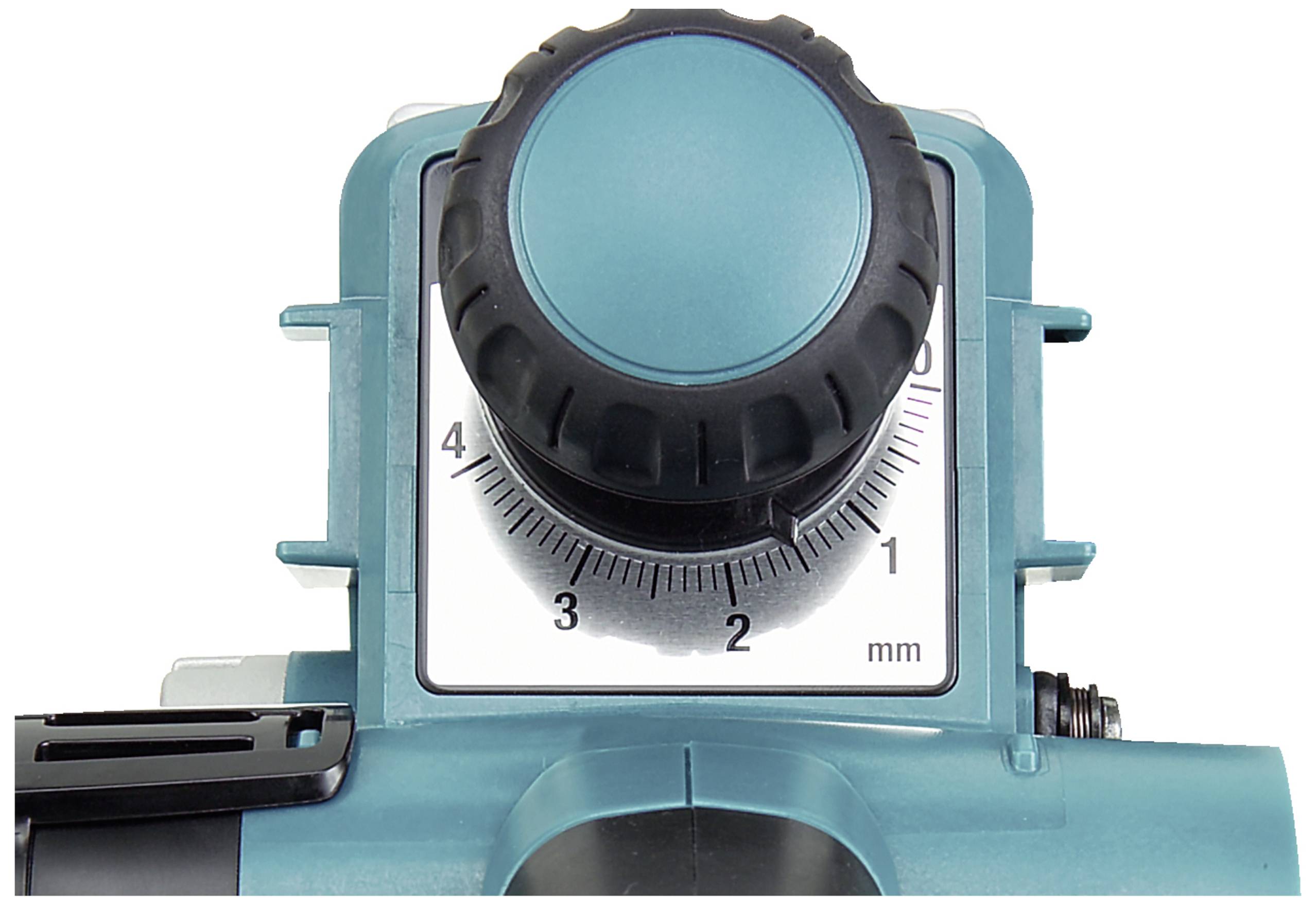 Rotary dial of an electronic device, set to level 2 of 4 mm. The dial is turquoise with a black tip.