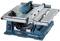 'Blue and silver table saw with sliding carriage, angle adjustment and safety cover, suitable for precise wood cutting.'