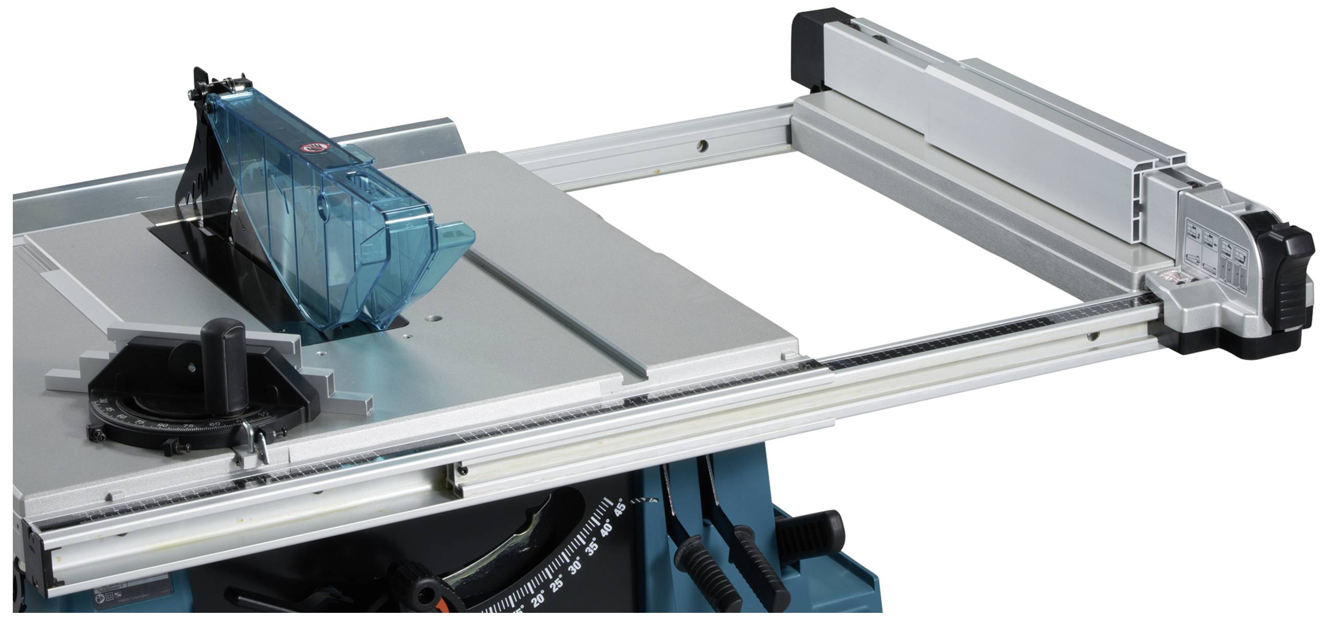 Table circular saw with a blue protective cover and adjustable guide rail, suitable for precise woodcutting.