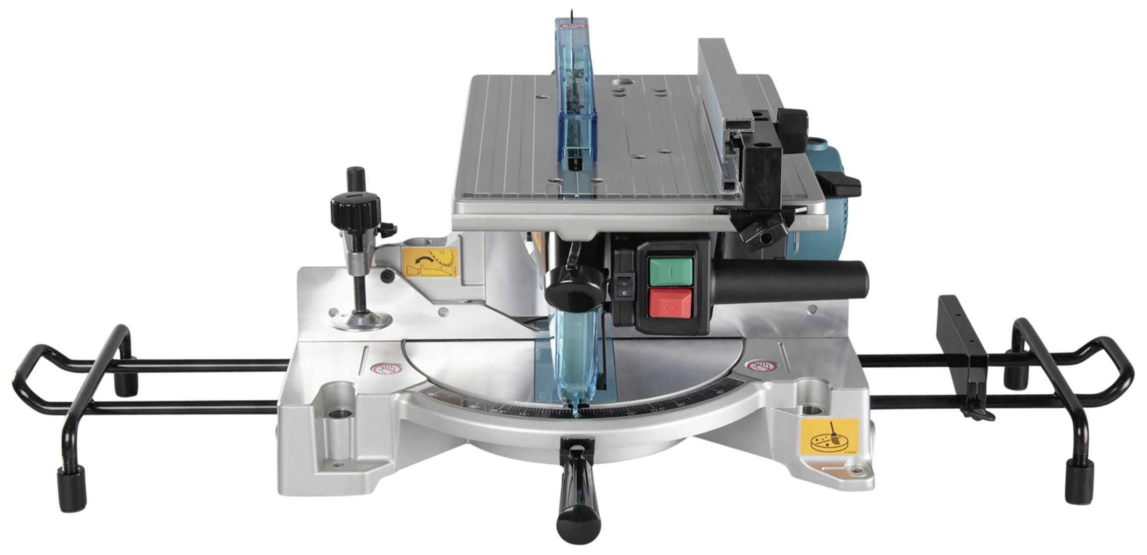 Electric mitre saw with blue guard, black and green switch area, and adjustable workbench.