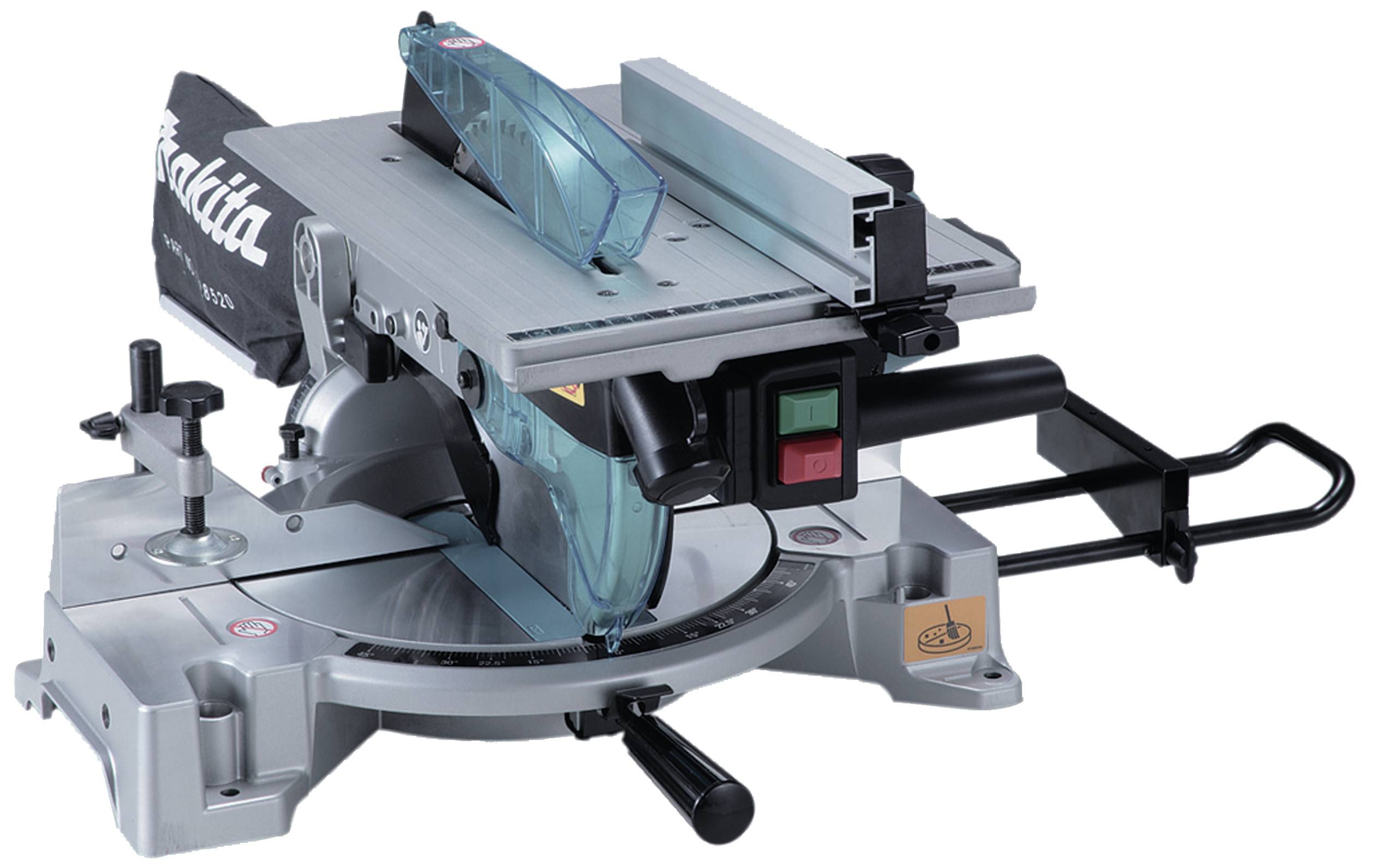 A mitre saw on a table with a protective cover and control elements, suitable for precise cutting of wood and other materials.