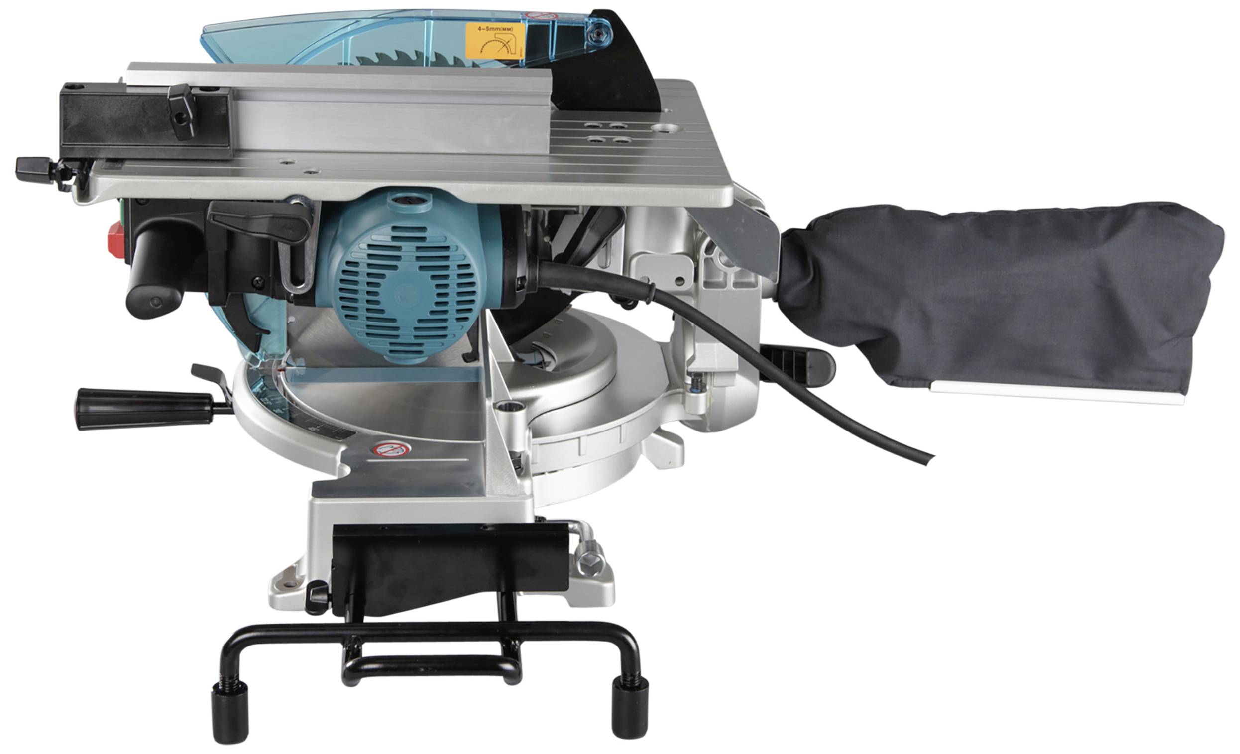 Electric mitre saw with blue protective cover and dust bag, used for precise cutting of wood or other materials.