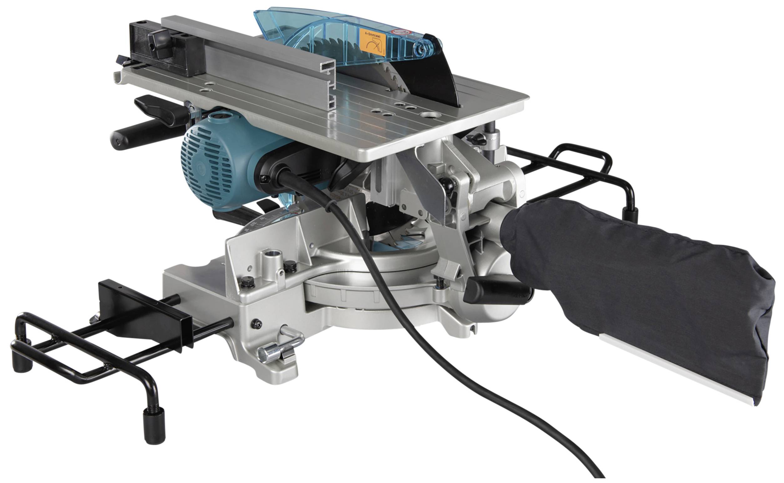 'Table circular saw with sight guard, black dust collection bag at the outlet, mains-powered. Suitable for precise wood cutting.'