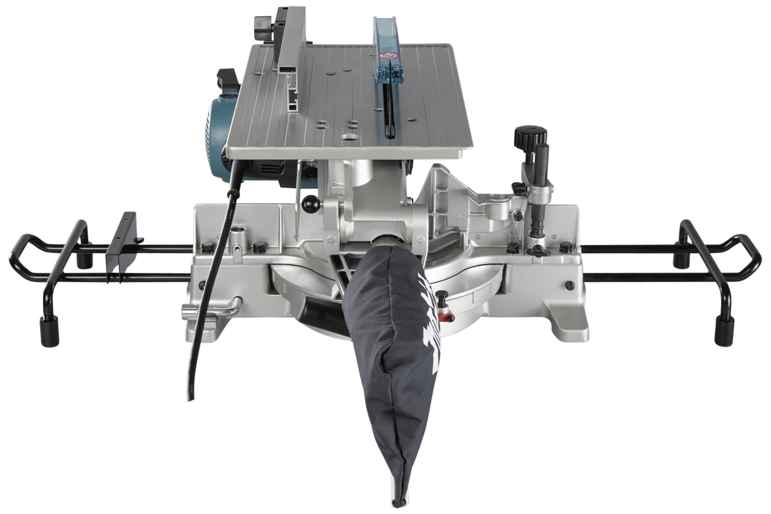 A mitre saw on a table, with a blue-grey housing and fixing mechanisms on the sides.