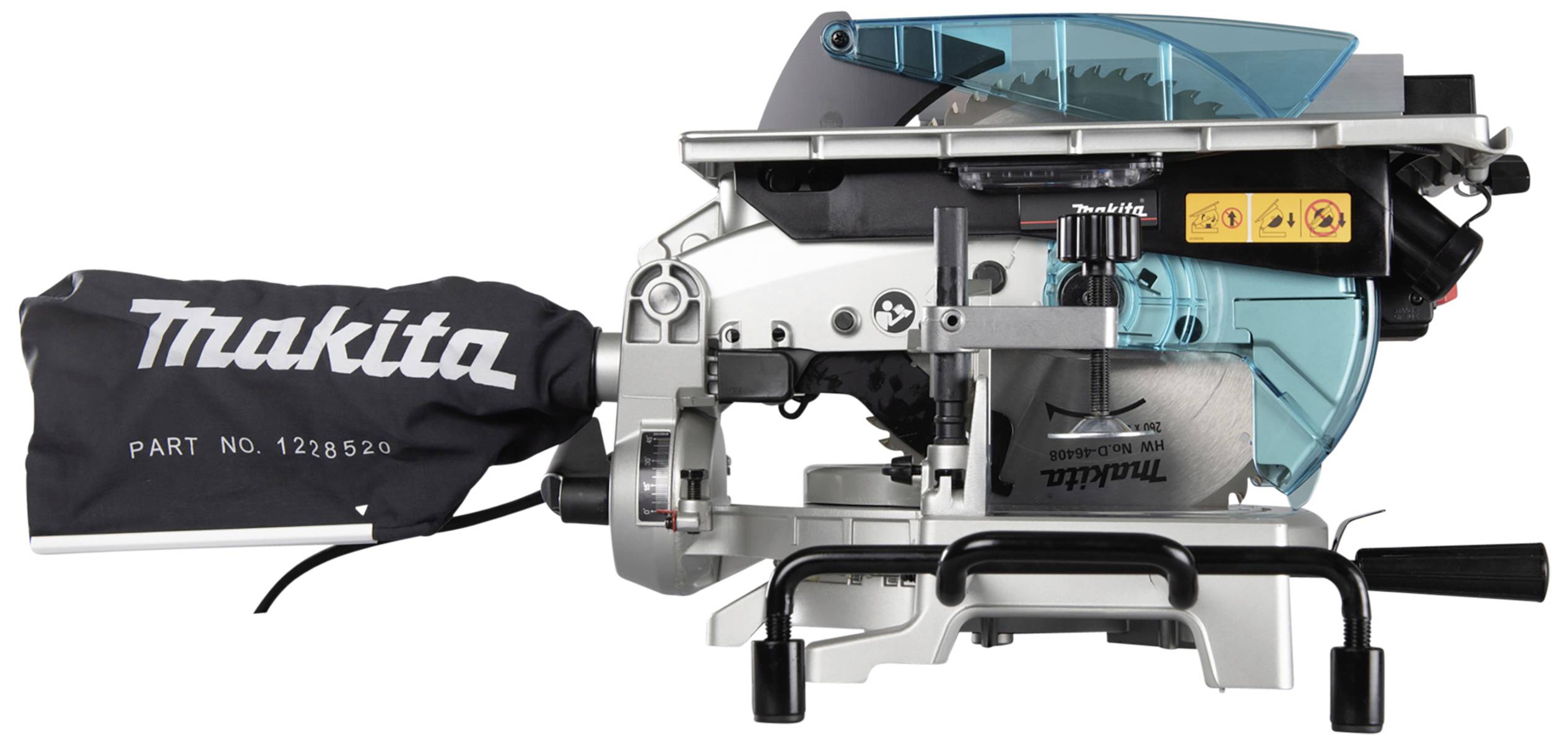 Makita mitre saw with dust collection bag, sharp saw blade mechanism, for precise wood cutting, model number 1228520.