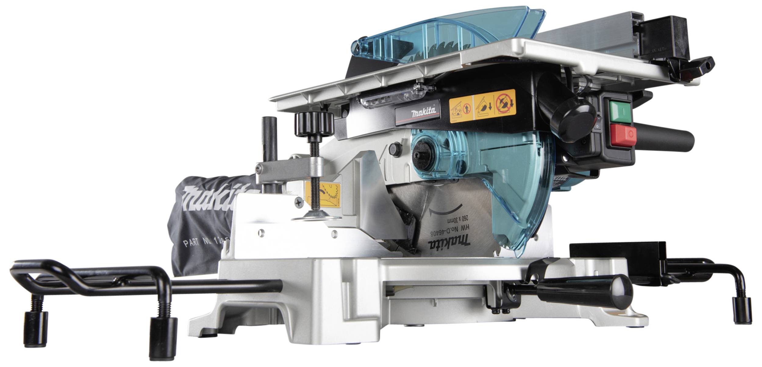 An electric mitre saw with a dust collection bag and safety warnings on the side, ready for wood cutting.