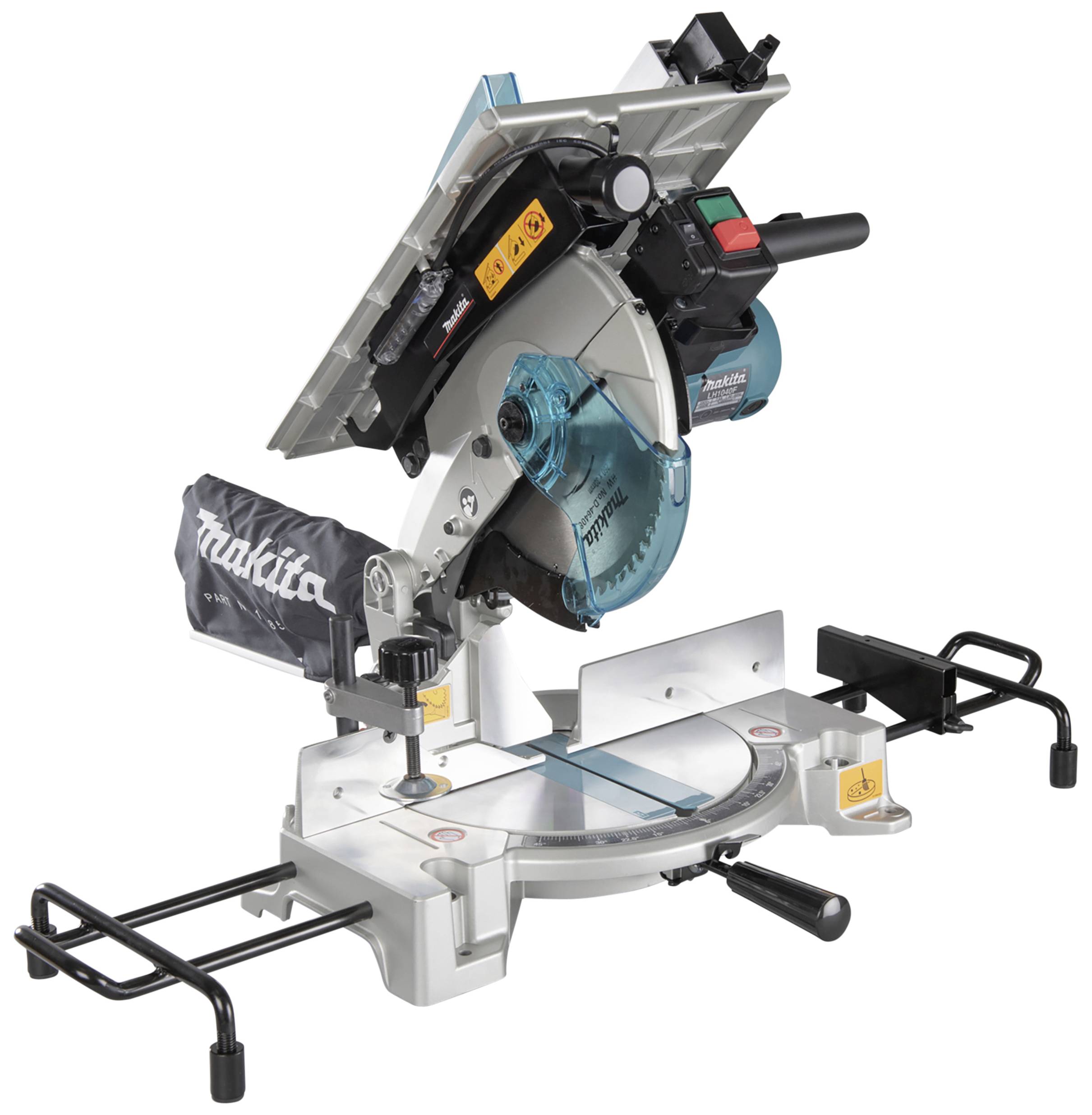 Mitre saw with dust collection bag and adjustment levers, suitable for precise woodcutting work. 'Makita' brand logo visible.