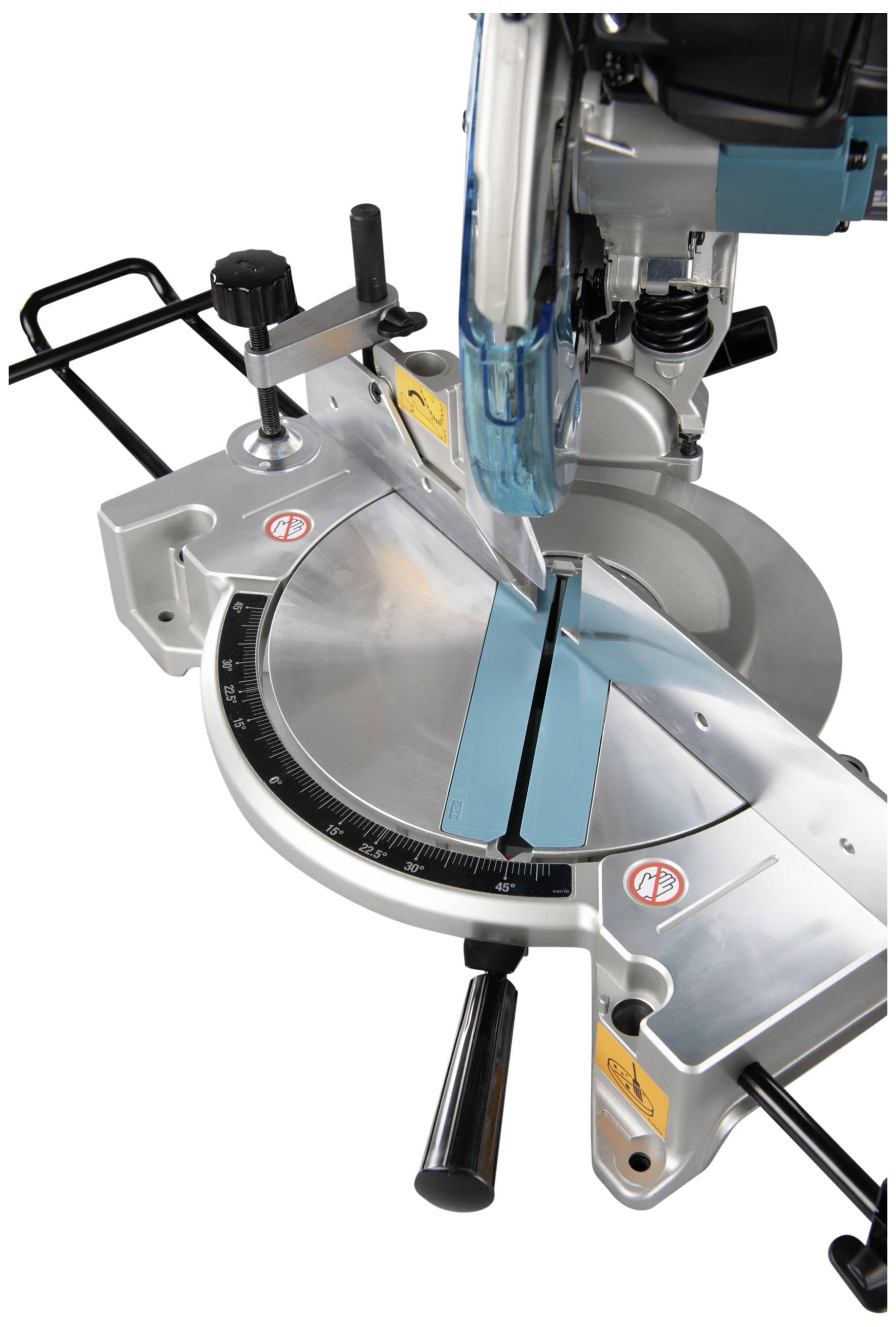 Mitre saw with adjustable angle and blue protective cover and scale. Suitable for precise wood and plastic cutting.