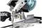 Electric mitre saw with blue blade in action; a metal piece being precisely cut. Always observe safety guidelines.
