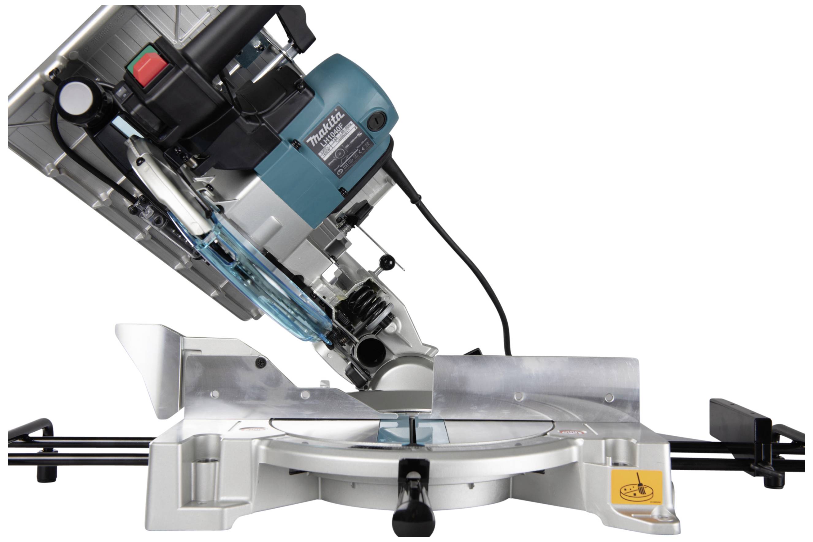 Mitre saw set at an angle on a stable base.