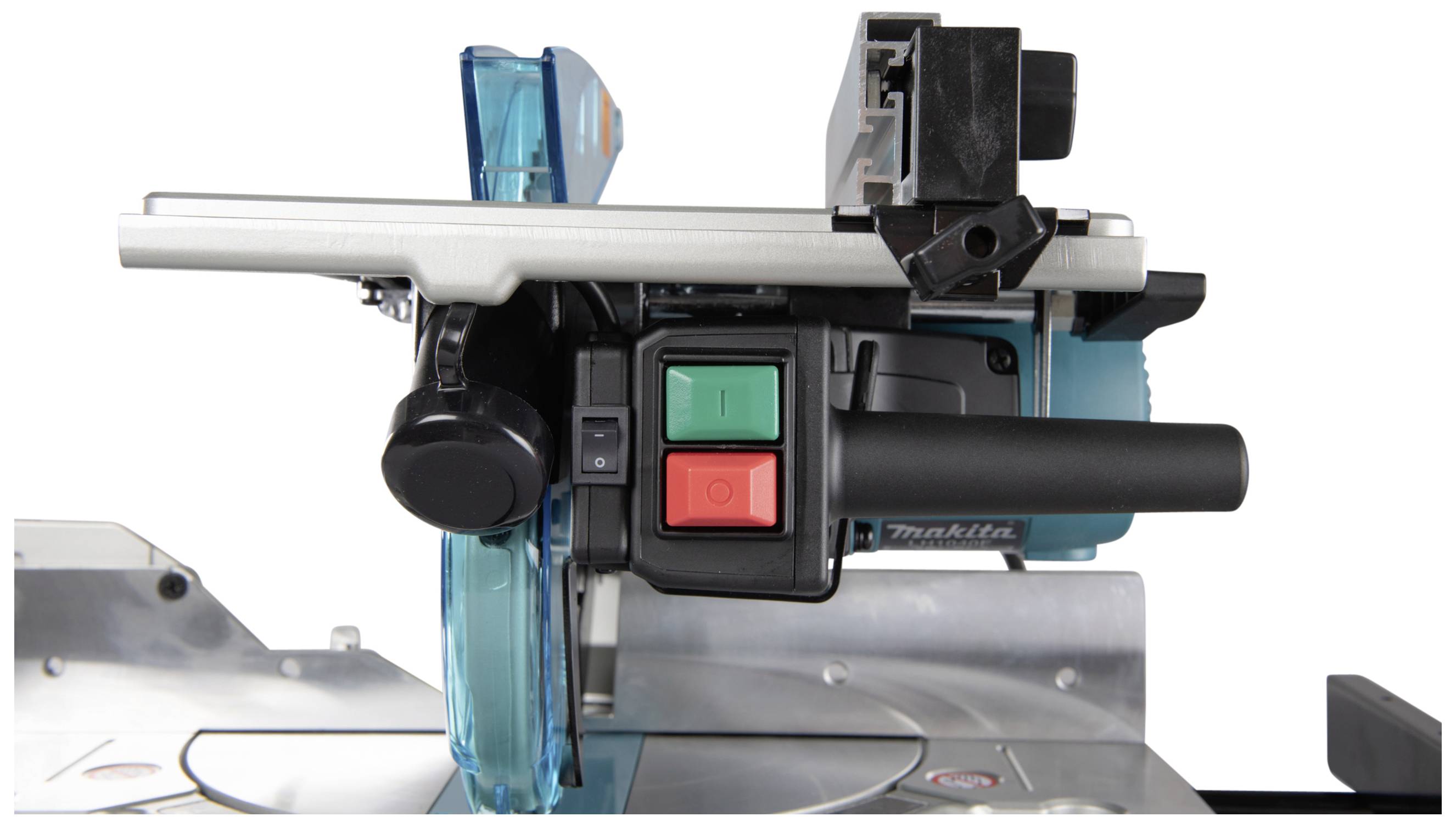 An electric saw with blue and black components and two switches, green and red, for turning the machine on and off.