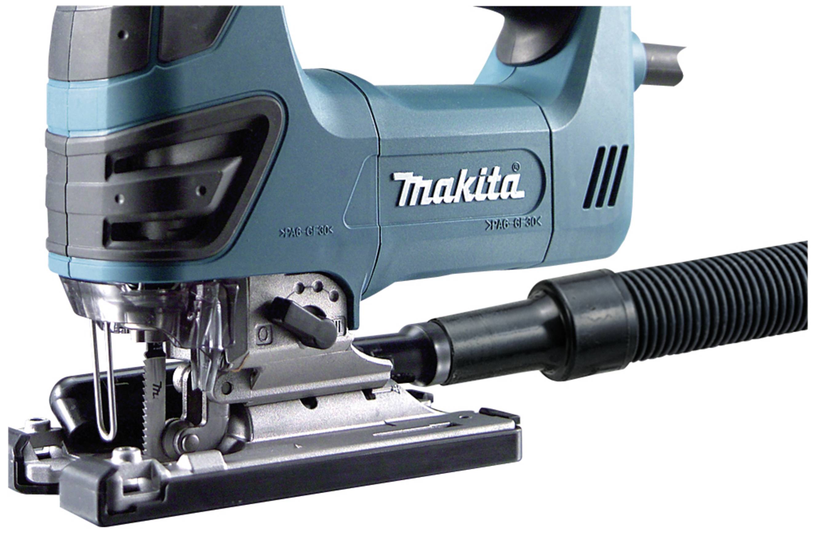 A blue Makita jigsaw with an attached dust extractor, suitable for precise woodworking and clean saw cuts.