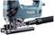 A blue Makita jigsaw with an attached dust extractor, suitable for precise woodworking and clean saw cuts.