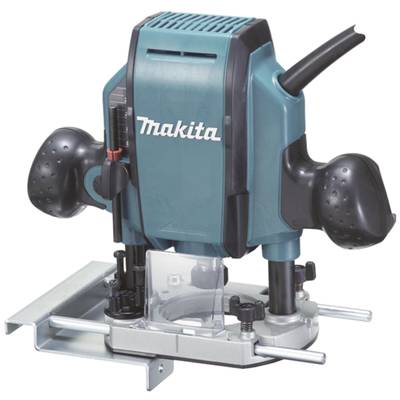Makita electric router, blue and black, with two handles and depth adjustment. Ideal for precise woodworking.