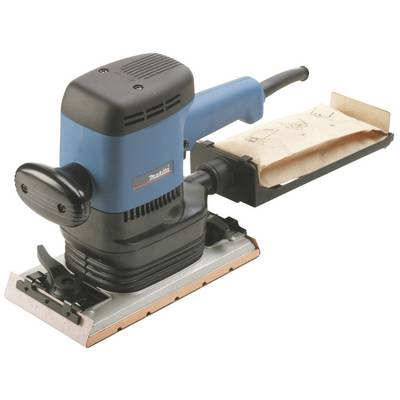 Electric sanding machine with blue and black surface, rectangular sanding block, and dust collection bag.