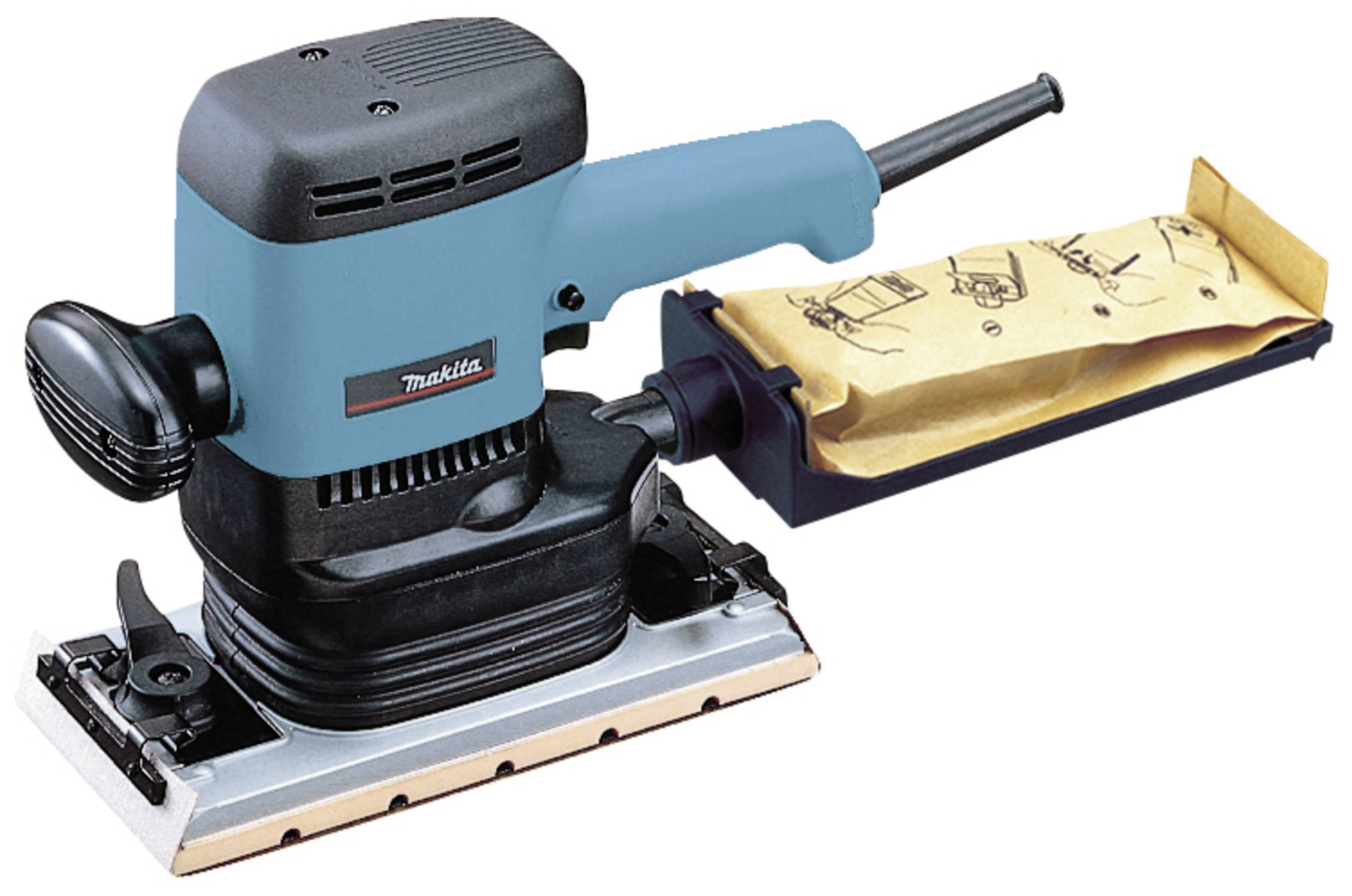 A blue and black electric sander with a dust collection bag, displayed against a white background.