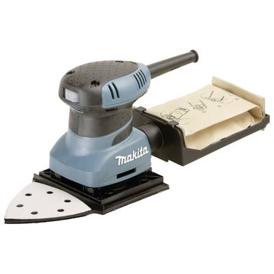A blue Makita sander with an attached dust bag, suitable for wood and surface processing.