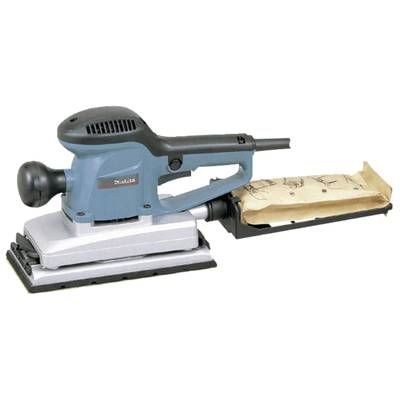 A blue orbital sander is lying sideways on a white surface. A dust collection bag is attached.