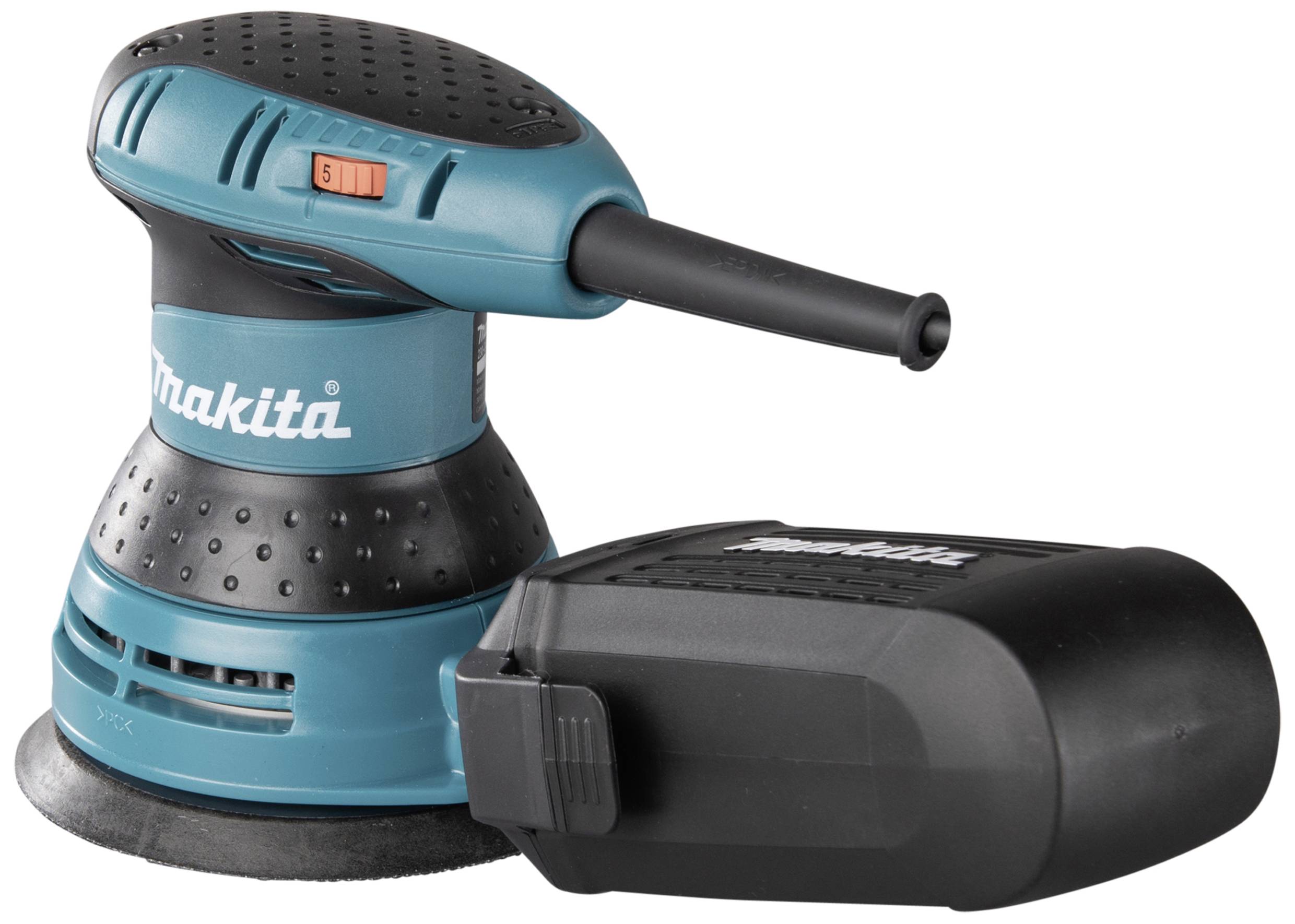 A blue electric orbital sander with a black, removable dust collection container.