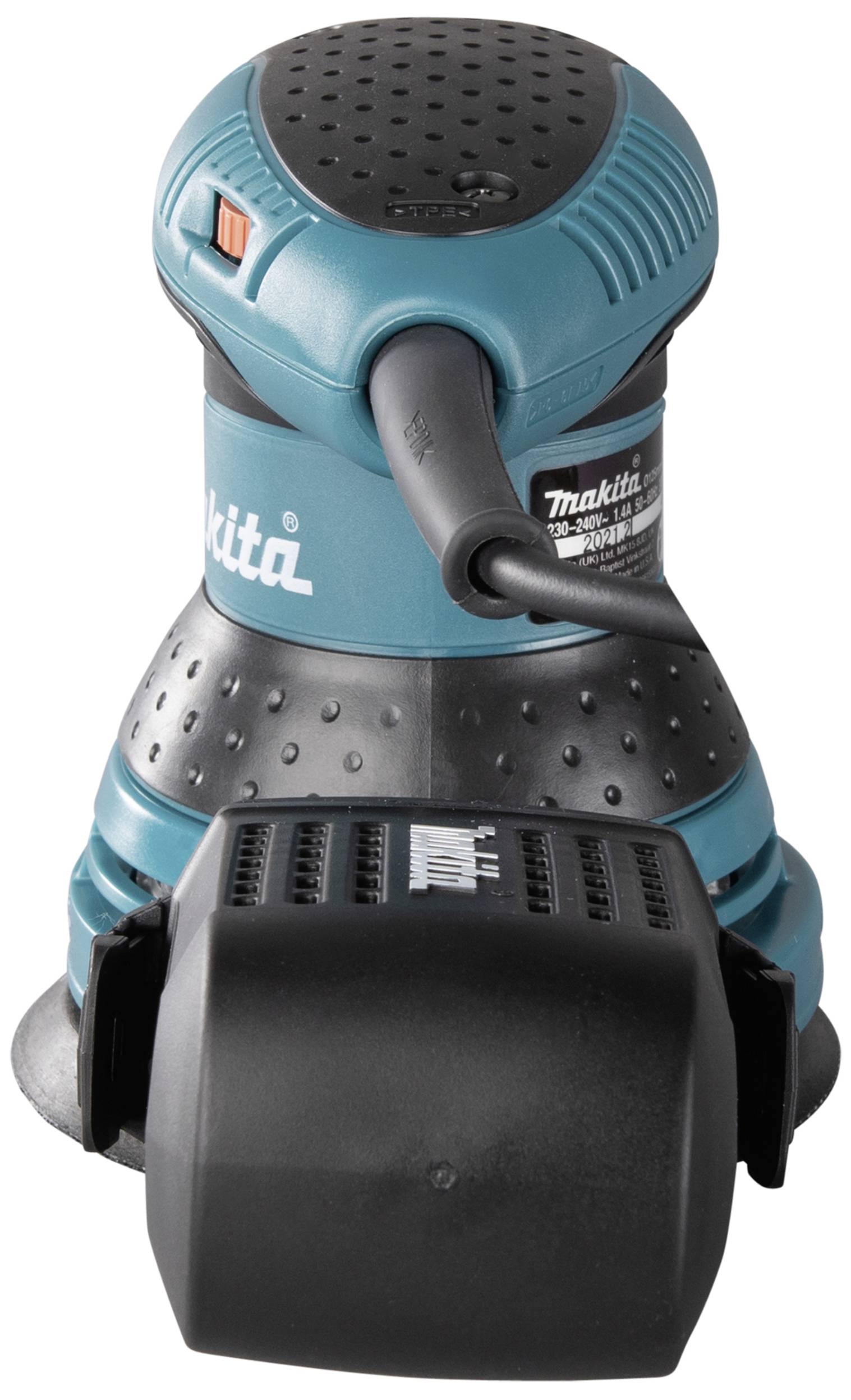A blue and black orbital sander with mains plug and dust collection box.