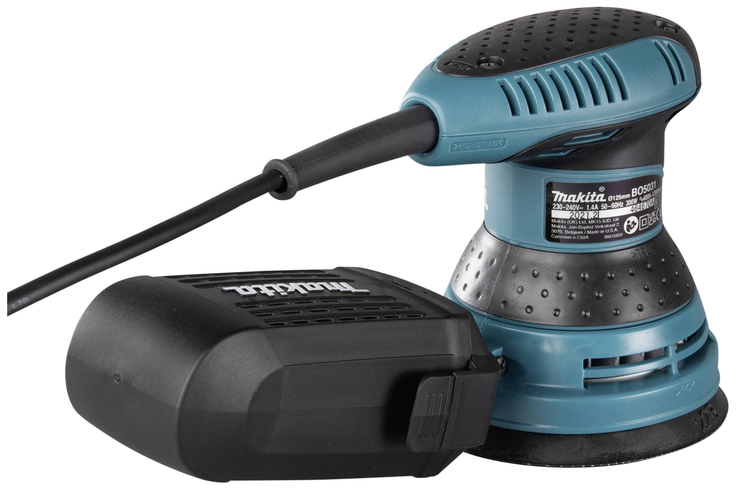Electric orbital sander in blue with a black handle; compact and optimised for craft work.