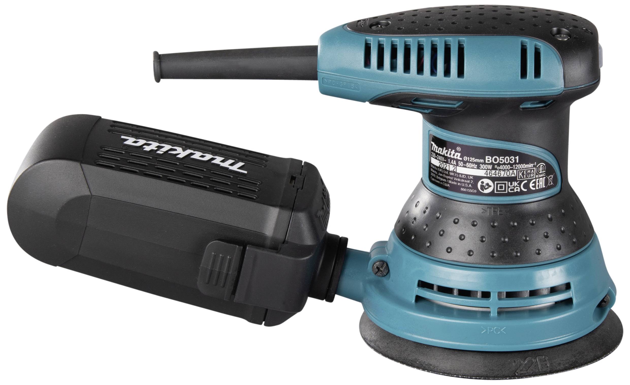 A blue Makita orbital sander with a black handle and dust collection bag, pictured from the side. Ideal for surface sanding.