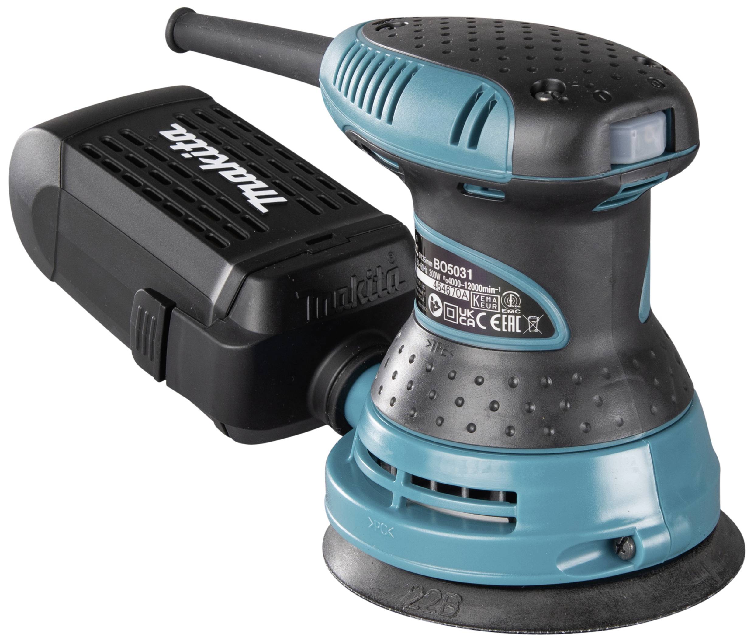 Round electric sander with blue-black casing, brand name visible on dust container. Suitable for woodworking and metalworking.