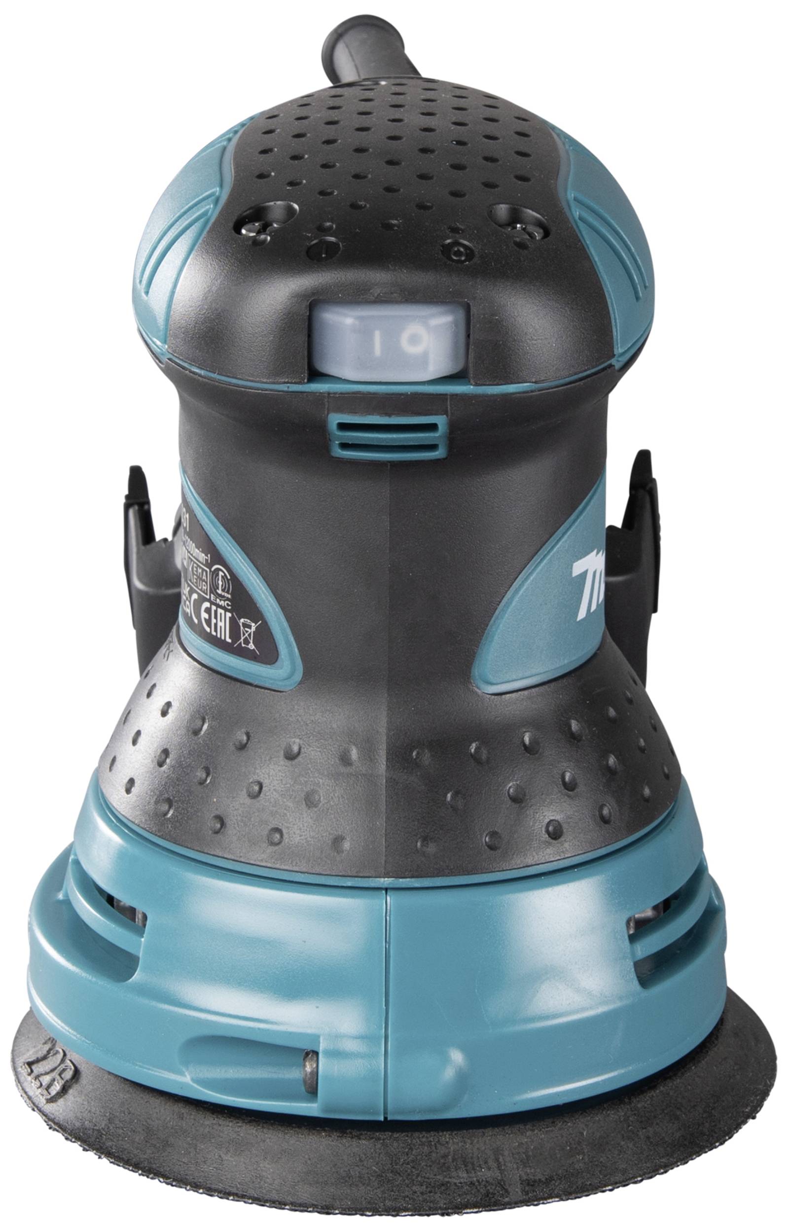 Electric orbital sander in black and turquoise, front view. Design offers ergonomic handles and variable speed settings.