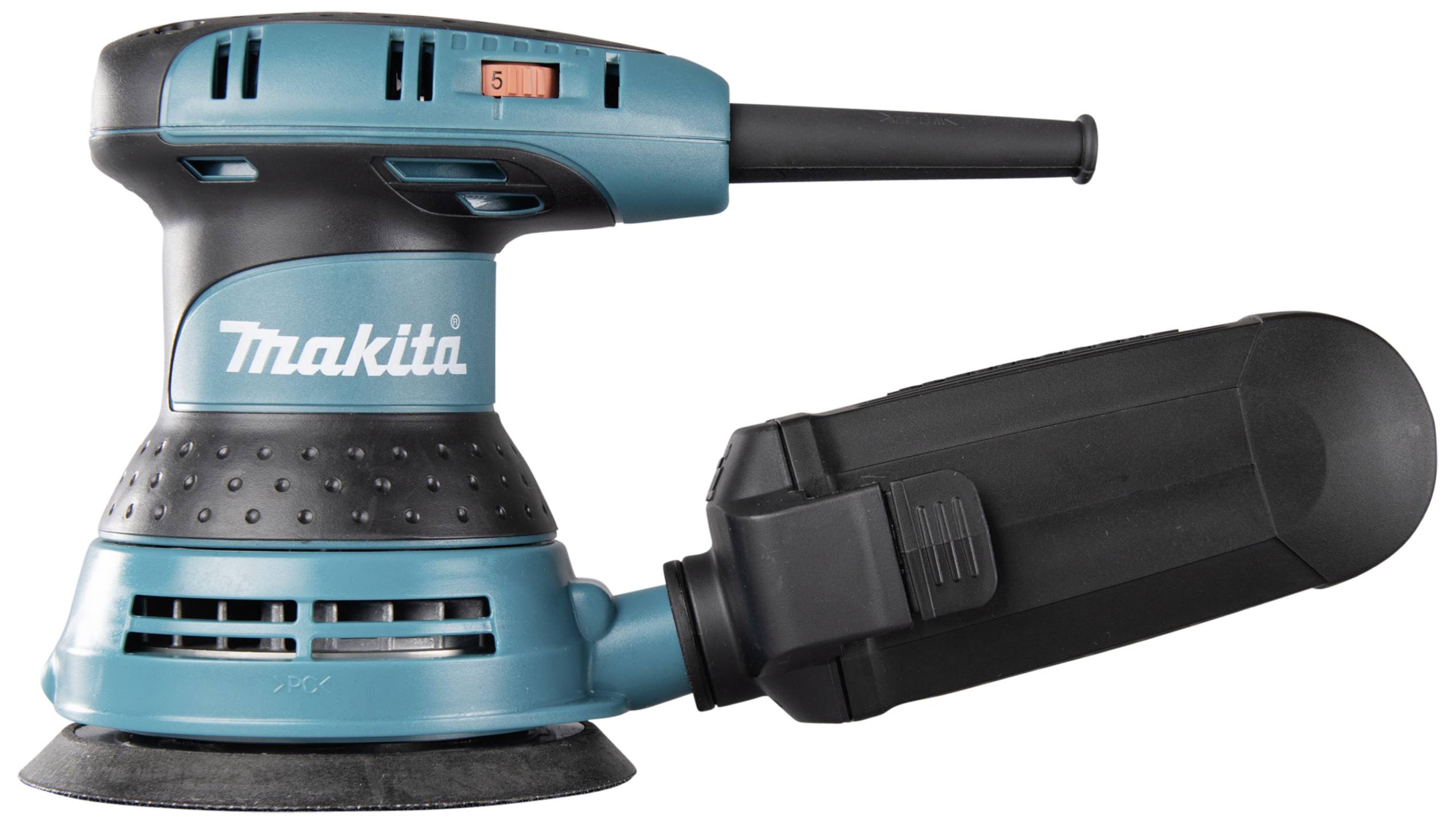 A blue and black orbital sander with a dust collection container, suitable for woodworking. Brand names visible.
