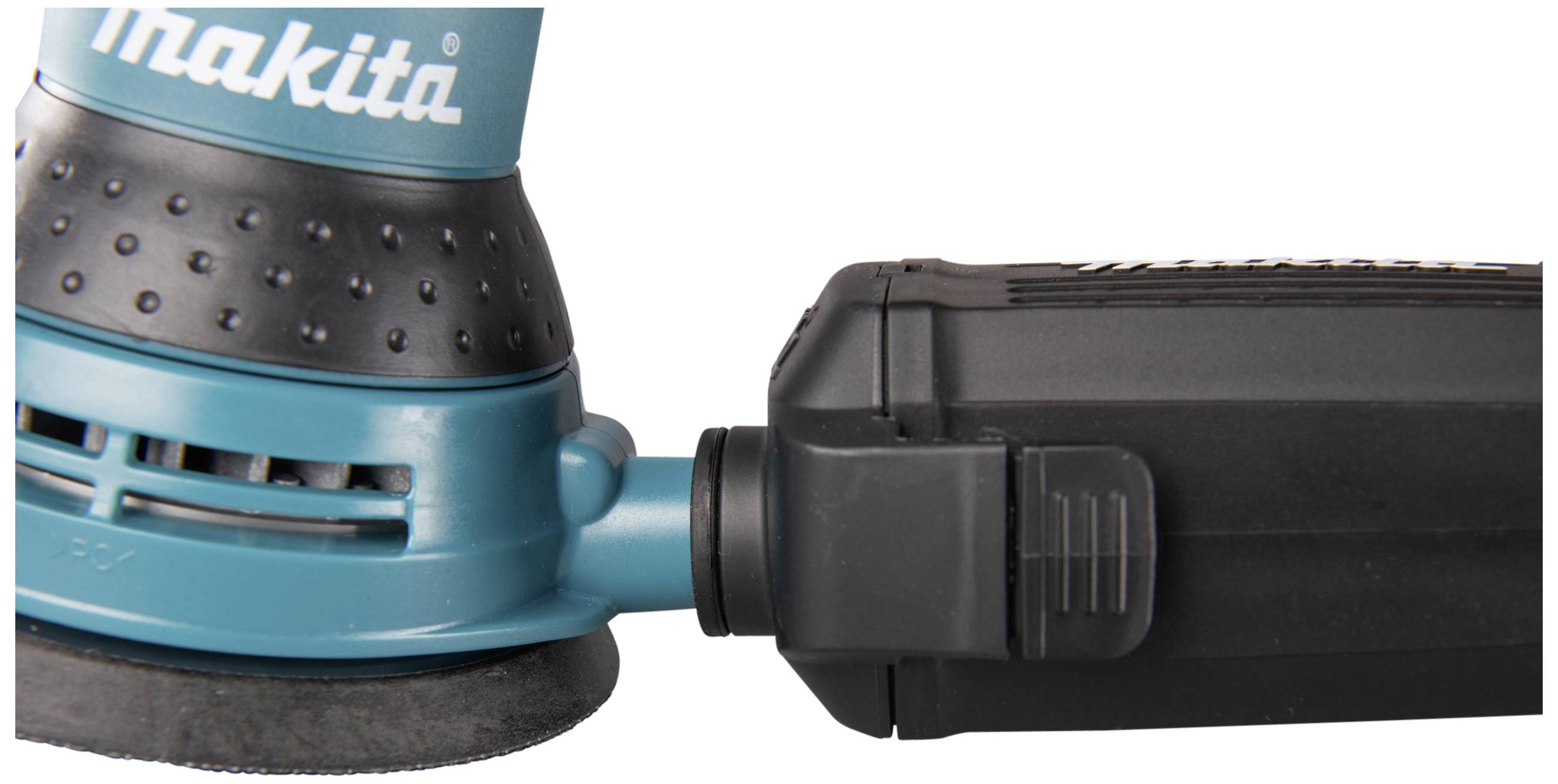 Close-up of an orbital sander, with a blue housing and black sanding disc.