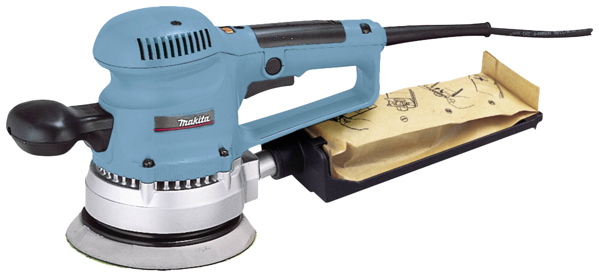 Eccentric sander in blue with a black handle and a beige dust bag. Suitable for sanding surfaces.