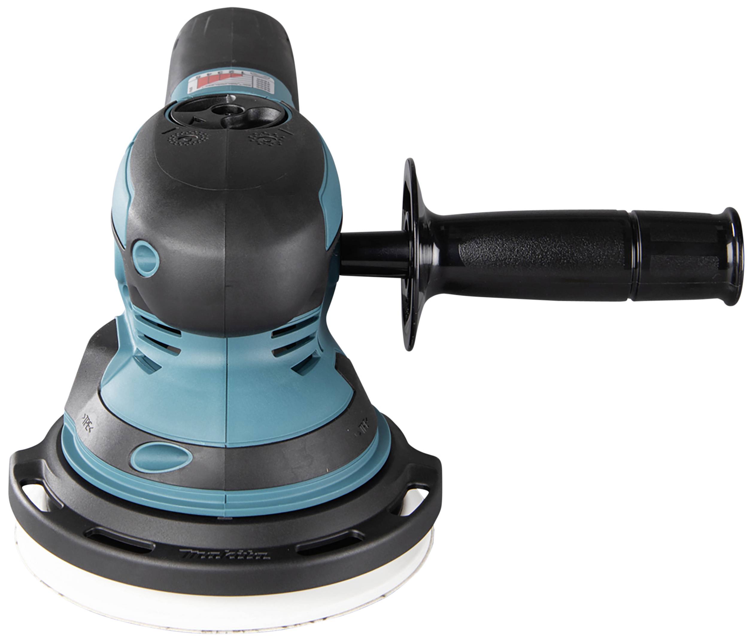 Eccentric sander with a black handle and turquoise housing, suitable for surface grinding.