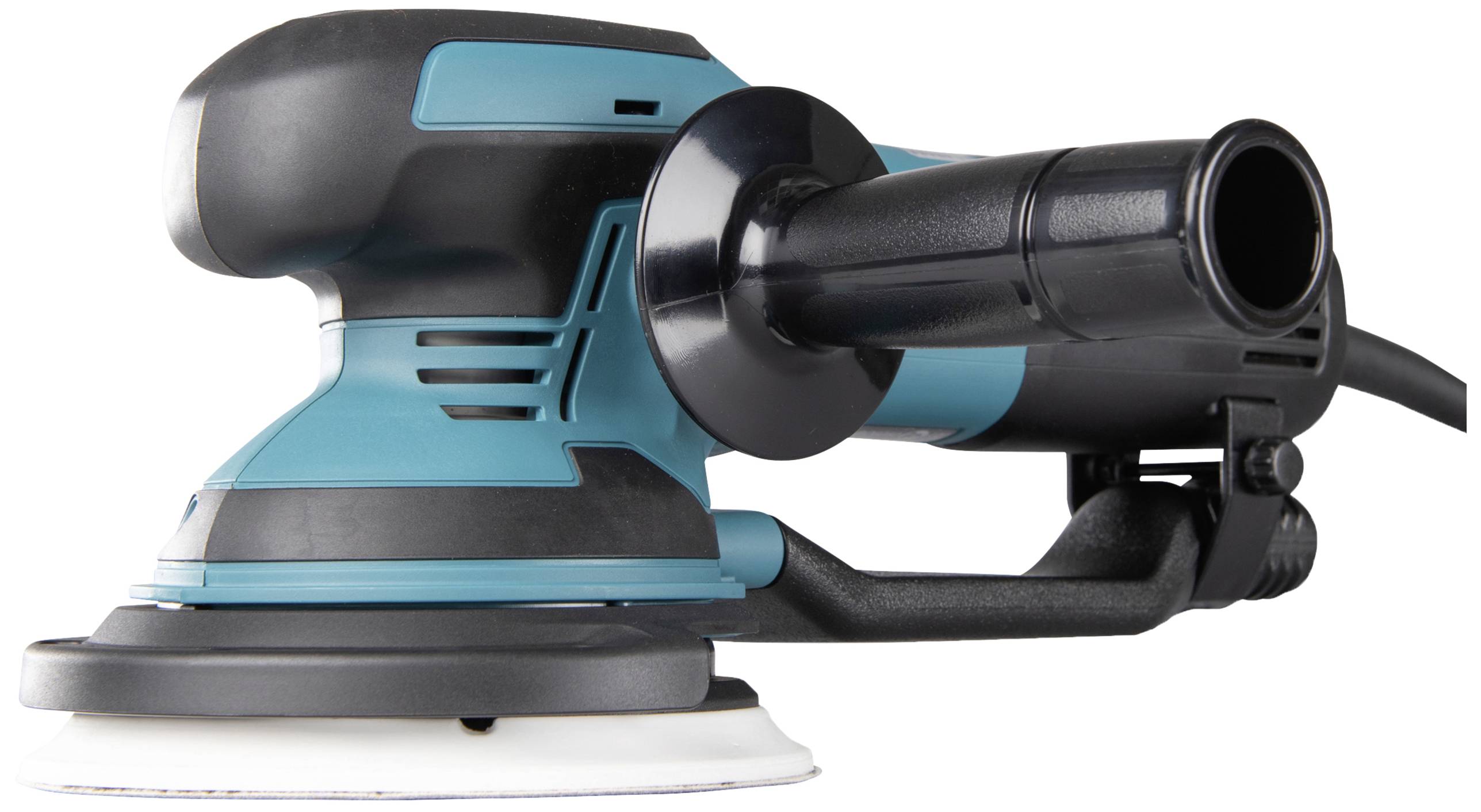 An electric orbital sander in blue and black, shown from the side, with handle and sanding disc visible.