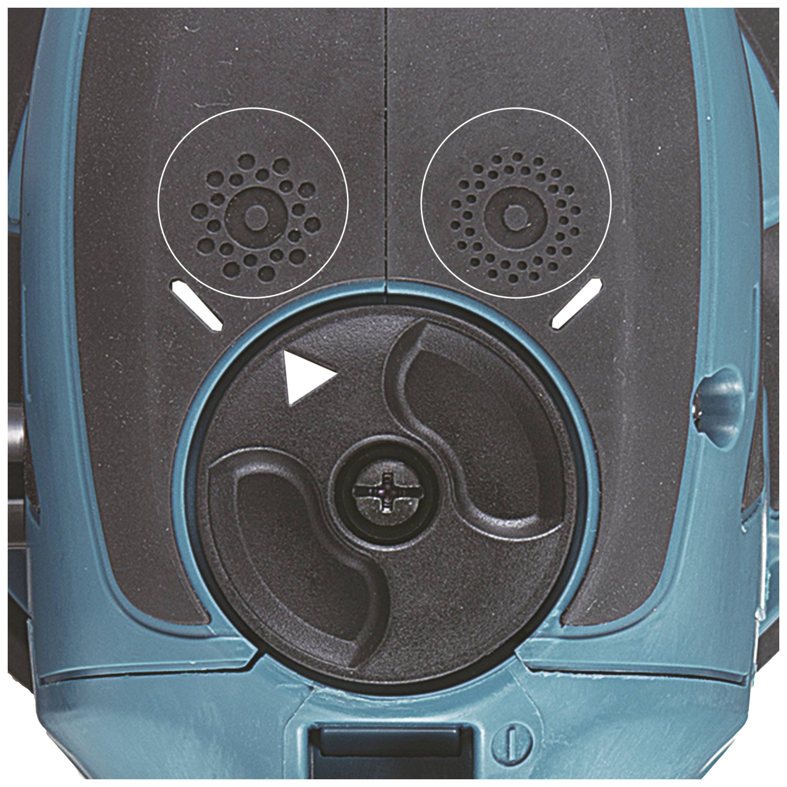 Illustration of a technical device with two circular patterns and an arrow symbol in the centre. Potentially a control panel.