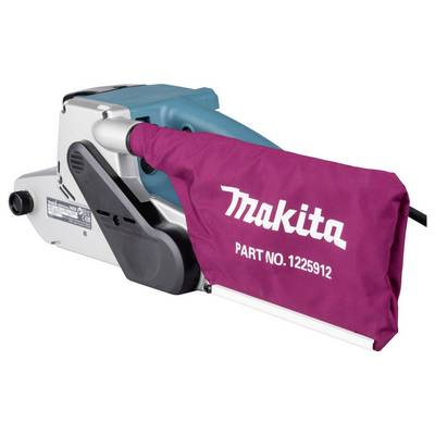 Electric handheld belt sander with a red dust bag labeled 'Makita PART NO. 1225912', designed for wood surface sanding tasks.