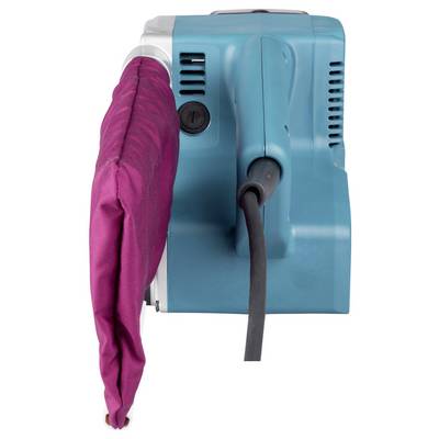 A turquoise handheld electric tool with a cord and a pink dust bag attached, viewed from the side.