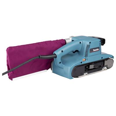 A turquoise belt sander with a maroon dust bag, used for sanding surfaces to a smooth finish.
