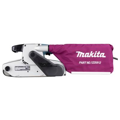 A power belt sander with a maroon dust bag labeled 'Makita PART NO. 1225912', showing side view.