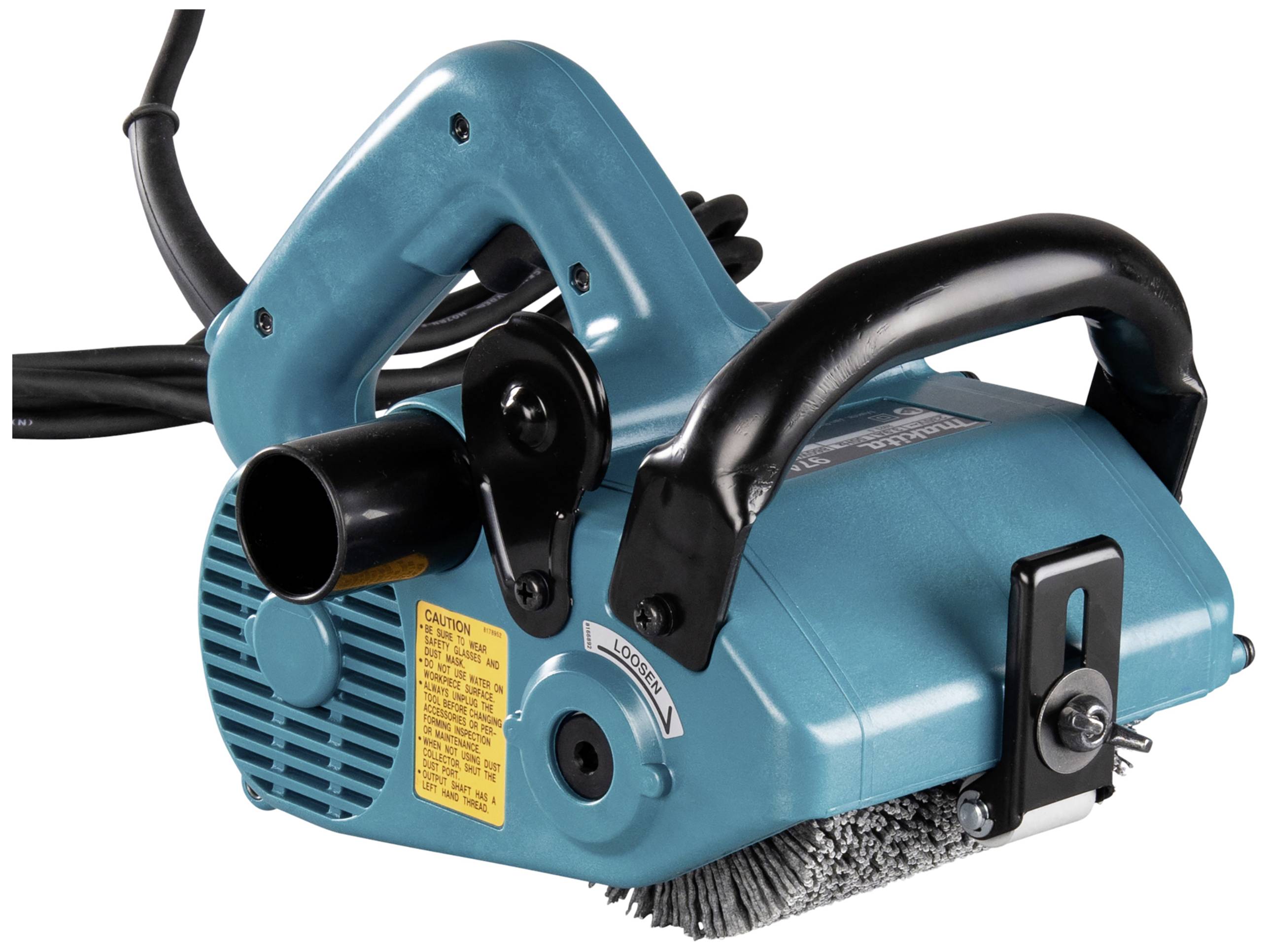 An electric brush grinding machine with a blue casing and black handle, suitable for grinding wood and metal surfaces.
