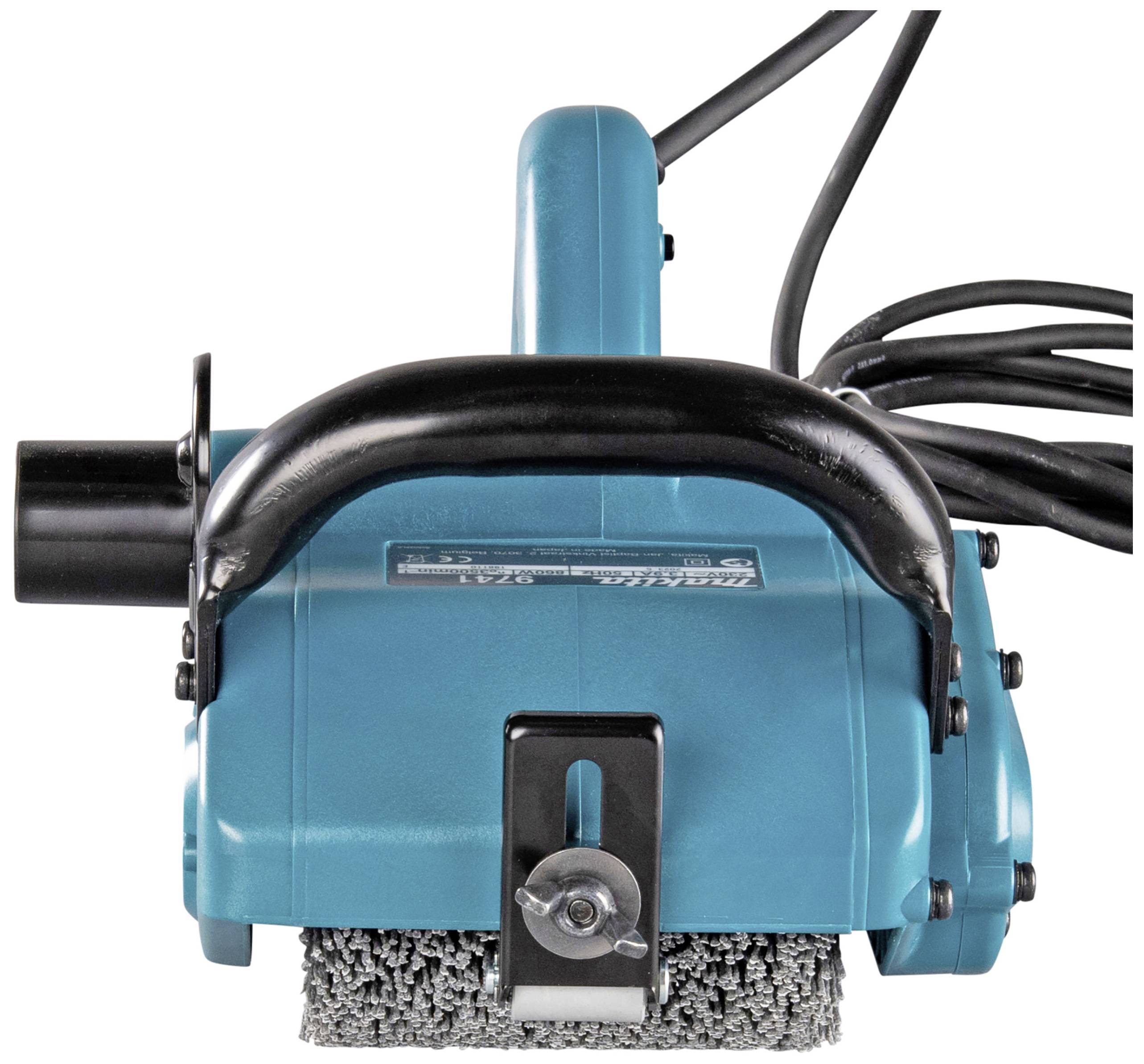 Electric hand tool with a metal brush and black handle, for grinding or cleaning surfaces.